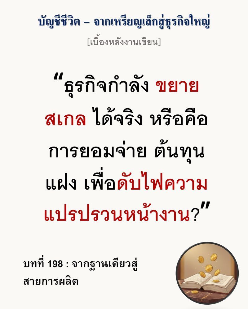[มุมนิยายธุรกิจ] [เบื้องหลังงานเขียน — บทที่ 198: จากฐานเดียวสู่สายการผลิต]
การเติบโตที่แท้จริงไม่ได้วัดจากจำนวนสินค้าใหม่ที่เพิ่มขึ้น แต่วัดจากปริมาณความซับซ้อนที่คุณสามารถสกัดทิ้งออกไปจากองค์กร