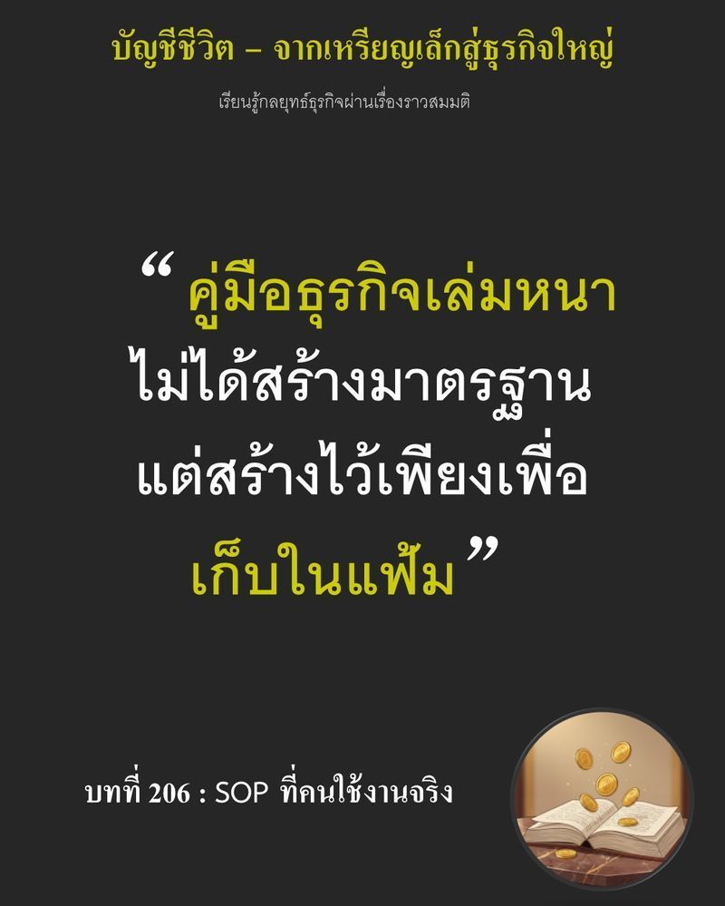 [มุมนิยายธุรกิจ] บทที่ 206 : SOP ที่คนใช้งานจริง — Niran วางแฟ้มคู่มือหนาลงบนโต๊ะ แล้วหยิบกระดาษเพียงหน้าเดียวขึ้นมาแทน...
เอกสารที่ไม่มีใครเปิดใช้ อาจทำให้ทุกสาขาทำงานคนละแบบ จนวันที่ธุรกิจต้องโต ความผิดพลาดเดิมก็ถูก
